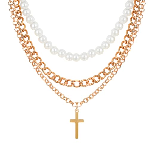 MILAKOO 3PCS Cross Layered Pearl Halskette Chunky Stacked Halsketten Y2K Gothic Retro Layered Anhänger Kette Faux Pearl Choker für Frauen von MILAKOO