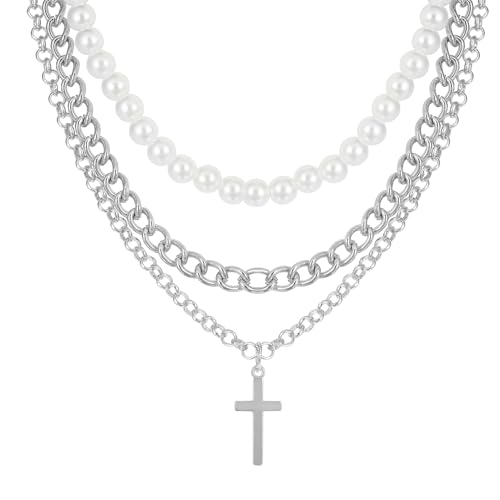 MILAKOO 3PCS Cross Layered Pearl Halskette Chunky Stacked Halsketten Y2K Gothic Retro Layered Anhänger Kette Faux Pearl Choker für Frauen von MILAKOO