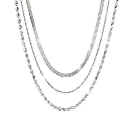 MILAKOO 3PCS Edelstahl Halskette Set Damen Herren 3mm Schlangenkette Fischgrätenmuster Ketten Cuban Chain Choker für Männer Frauen Silber von MILAKOO