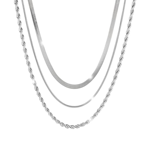 MILAKOO 3PCS Edelstahl Halskette Set Damen Herren 4mm Schlangenkette Fischgrätenmuster Ketten Cuban Chain Choker für Männer Frauen Silber von MILAKOO
