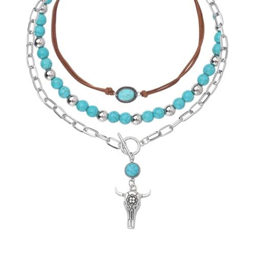 MILAKOO 3Pcs Boho Tribal Leder Choker Halskette für Frauen Stier Anhänger Türkis Perlen Halskette Toggle Clasp von MILAKOO