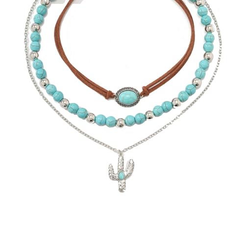 MILAKOO 3pcs Wildleder Choker böhmischen Türkis Perlen Halskette Link Ketten Kaktus Anhänger Halskette für Frauen von MILAKOO