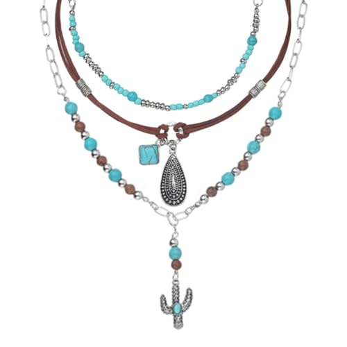MILAKOO 3pcs geschichteten Wildleder Choker Halskette Boho Türkis & Kaktus Anhänger Halsketten Vintage Perlen Halskette für Frauen von MILAKOO