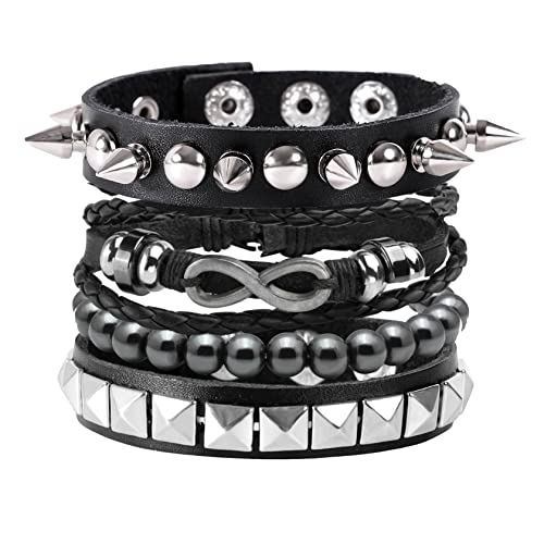 MILAKOO 4 Stk.gewebtes Lederarmband Holzperlenmanschette Herren Nieten Punk Wickelarmband Set,B11 MILAKOO 4 Stk.gewebtes Lederarmband Holzperlenmanschette Herren Nieten Punk Wickelarmband Set,B11 von MILAKOO