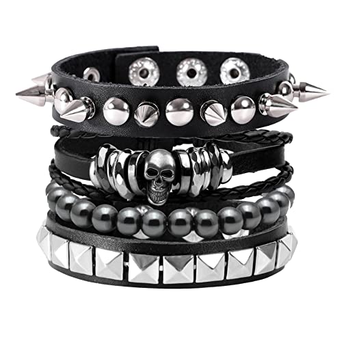 MILAKOO 4 Stk.gewebtes Lederarmband Holzperlenmanschette Herren Nieten Punk Wickelarmband Set，B12 von MILAKOO