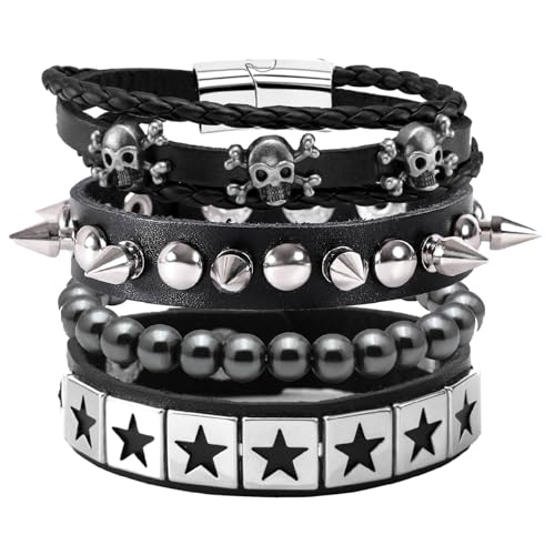 MILAKOO 4PCS Punk Armband mit Hämatit Stein Perlen Schädel Spike PU Leder Goth Manschette für Männer Frauen von MILAKOO