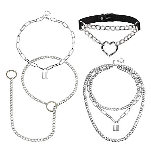 MILAKOO 4PCS PU Lederhalsband mit Aluminiumkette Drei Schichten Lock Herzkette Anhänger Halskette für Frauen von MILAKOO