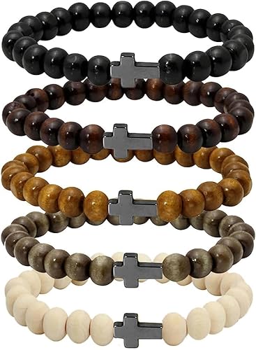 MILAKOO 5 Pcs Holzperlen Armband Kreuz elastisches Armband für Männer und Frauen (A5:Black Cross) von MILAKOO