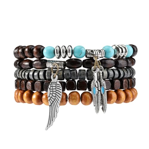 MILAKOO 5 Stück Böhmische Türkis & Holzperlen Armbänder für Frauen Flügel & Feder Anhänger Stretch Armband MILAKOO 5 Stück Böhmische Türkis & Holzperlen Armbänder für Frauen Flügel & Feder Anhänger Stretch Armband von MILAKOO