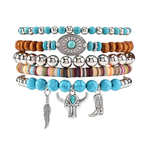 MILAKOO 5 Stück Heishi Stretch Armband Western Cowboy Schmuck böhmischen Türkis Stein Perlen Armbänder für Frauen von MILAKOO