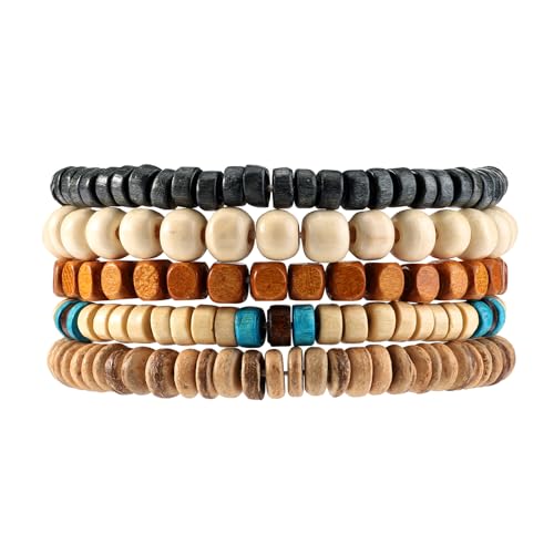 MILAKOO 5 Stück Holzperlen Armband Set für Frauen Verstellbare Stapelbare Armbänder für Yoga Reisen Casual Outfits von MILAKOO
