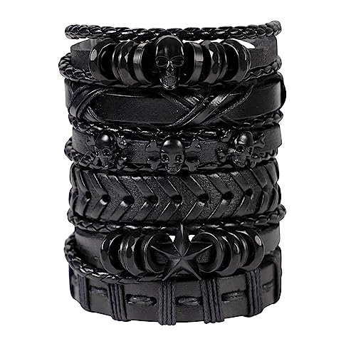 MILAKOO 6 Pcs schwarze Lederarmband für Herren Damen mit Schädel Armbänder einstellbar von MILAKOO