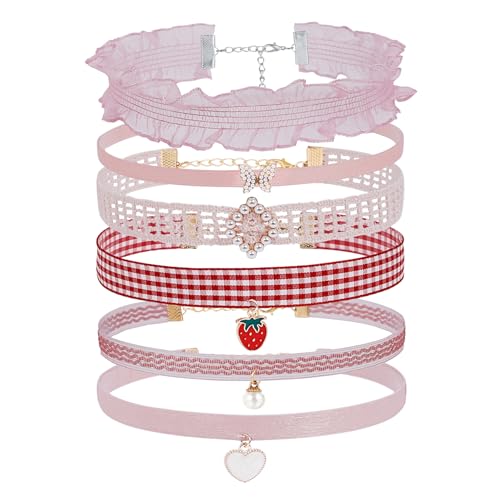 MILAKOO 6 St.Kropfband mit Anhänger für Frauen Choker Set Damen Spitze Halsband Mädchen pink von MILAKOO