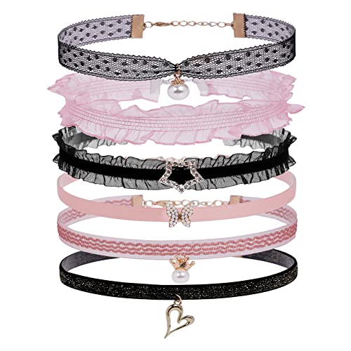 MILAKOO 6 St.Spitze Halsband Set für Damen Kropfband Frauen Choker Halskette Mädchen schwarz pink von MILAKOO