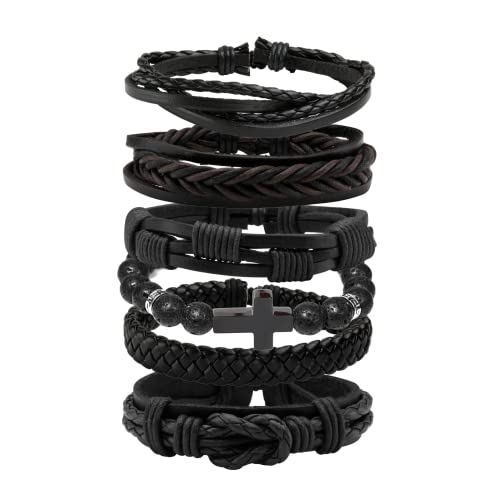 MILAKOO 6 Stk Geflochten Lederarmband Herren Lavastein Kreuzarmband Manschettenarmband Schwarz von MILAKOO