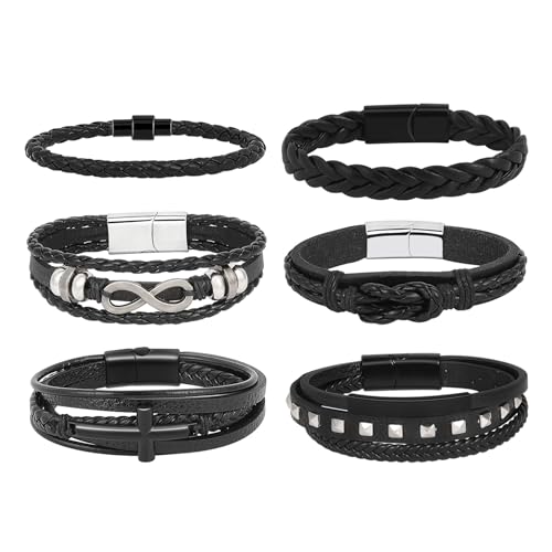 MILAKOO 6 Stück Männer Manschette Armbänder Geflochtenes Leder Armband Niete Einfachheit Armreif Punk Gothic Party Armbänder with Magnetschnalle von MILAKOO