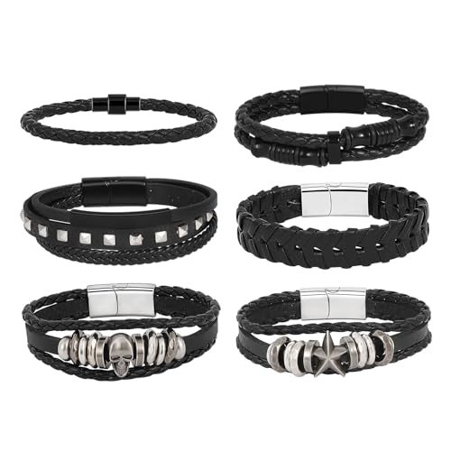 MILAKOO 6 Stück Männer Manschette Armbänder Geflochtenes Leder Armband Niete Schädel Stern Armreif Punk Gothic Armbänder für Party Business von MILAKOO