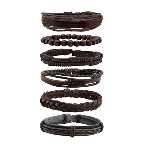 MILAKOO 6 Stück geflochtenes Lederarmband für Männer Frauen Holzperlen Armbänder Wickeln einstellbar von MILAKOO