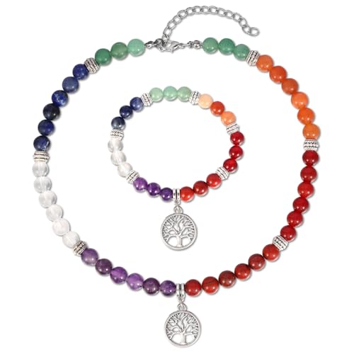 MILAKOO 7 Chakra Perlen Necklace mit Baum des Lebens Anhänger Charms Heilung Armband Set Crystal Chakra Stones Handmade Choker für Damen von MILAKOO