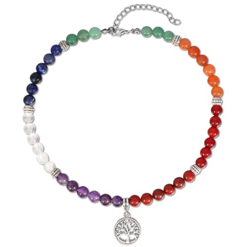 MILAKOO 7 Chakra Perlen Necklace mit Baum des Lebens Anhänger Charms Heilung Crystal Chakra Stones Handmade Choker für Damen von MILAKOO