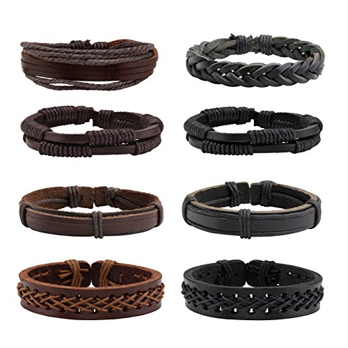 MILAKOO 8 Stück geflochtenes Lederarmband für Männer Frauen Holzperlen Armbänder Wickeln einstellbar von MILAKOO