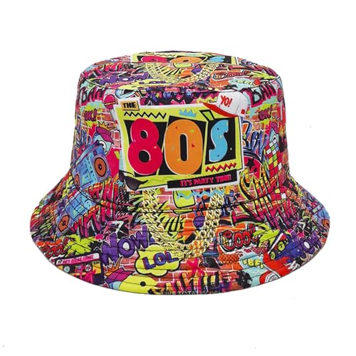 MILAKOO 80er Jahre Eimer Hut für Männer Frauen Lustig Retro Party Fischerhüte Vintage Print Fischer Hut Unisex Reversible Portable Sommerhut für Disco Hip hop Outdoor von MILAKOO