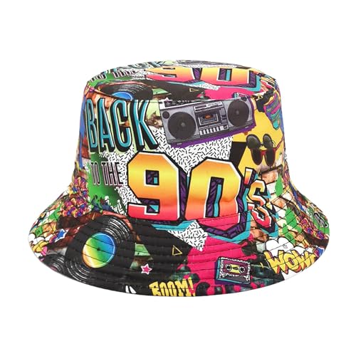 MILAKOO 90er Jahre Eimer Hut für Männer Frauen lustig Retro Party Hut Vintage Print Fischer Hut Unisex Reversible Portable Hut für Disco Hip hop Outdoor von MILAKOO
