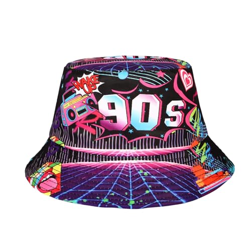 MILAKOO 90er Jahre Eimer Hut für Männer Frauen lustig Retro Party Hut Vintage Print Fischer Hut Unisex Reversible Portable Hut für Disco Hip hop Outdoor von MILAKOO