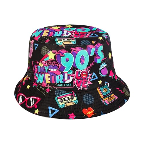MILAKOO 90er Jahre Eimer Hut für Männer Frauen lustig Retro Party Hut Vintage Print Fischer Hut Unisex Reversible Portable Hut für Disco Hip hop Outdoor von MILAKOO