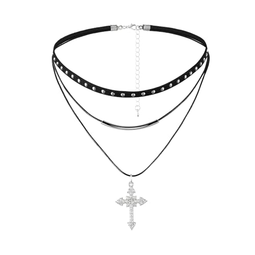 MILAKOO Anhänger Halskette für Frauen Dreifach Halskette 16'' Länge Punk Gothic Choker mit einzigartigem Anhänger (White Cross) von MILAKOO