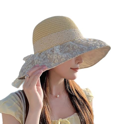 MILAKOO Beige Sun Protection Lace Floral Strandhut Wide Ribbon Lightweight Foldable Sommerhut für Women von MILAKOO