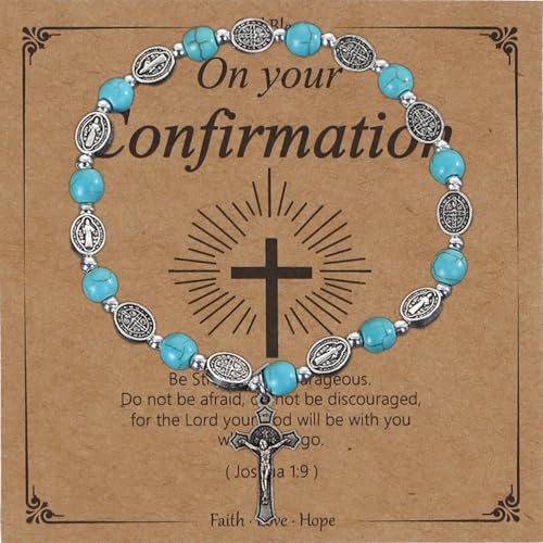 MILAKOO Boho Style Türkis Rosenkranz Armband für Frauen Mann mit Jungfrau Maria Unsere Liebe Frau von Gnaden Medaille Charm Cuff von MILAKOO