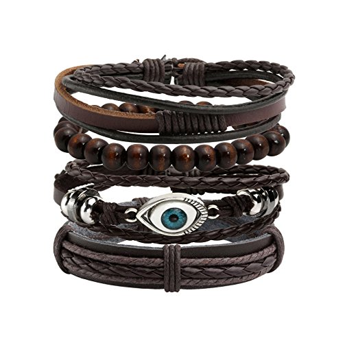 MILAKOO 4 Pcs Women Men Braun Geflochtenes Lederarmband mit Evil Eye Dekor, Mehrfarbig B1 von MILAKOO