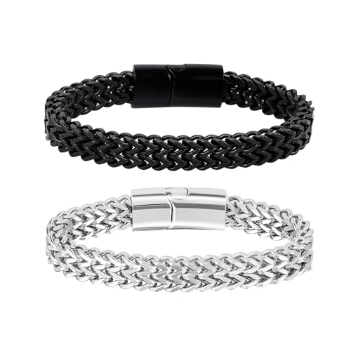 MILAKOO Edelstahl Herren Armband 2 Stücke Panzerkette Armbänder Herrenarmbänder für Männer Schwer Glieder Cuban Link Armband von MILAKOO
