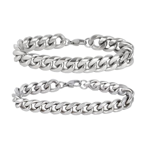 MILAKOO Edelstahl Herren Armband 2 Stücke Panzerkette Armbänder Silber Herrenarmbänder für Männer Schwer Glieder Cuban Link Armband 10mm von MILAKOO