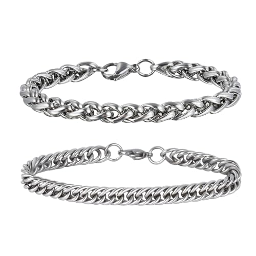 MILAKOO Edelstahl Herren Armband 2 Stücke Panzerkette Armbänder Silber Herrenarmbänder für Männer Schwer Glieder Cuban Link Armband 7mm von MILAKOO