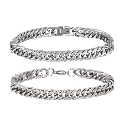 MILAKOO Edelstahl Herren Armband 2 Stücke Panzerkette Armbänder Silber Herrenarmbänder für Männer Schwer Glieder Cuban Link Armband 8mm von MILAKOO