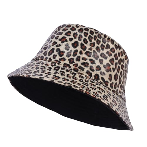 MILAKOO Eimer Hut Leopard Klassisch Elegant Leopardenmuster Sonnenhut PU Leder Fischer Hut für Damen Frauen Männer Unisex von MILAKOO