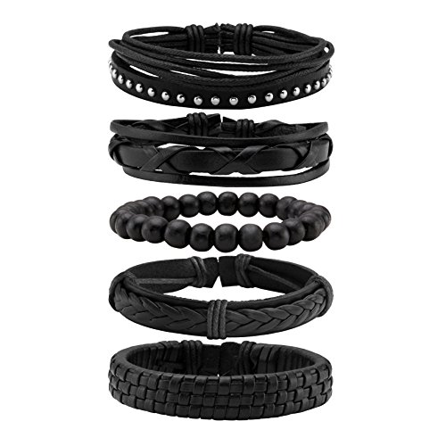 MILAKOO Geflochtenes schwarzes Lederarmband für Herren und Damen Holzperlen Armband verstellbar von MILAKOO