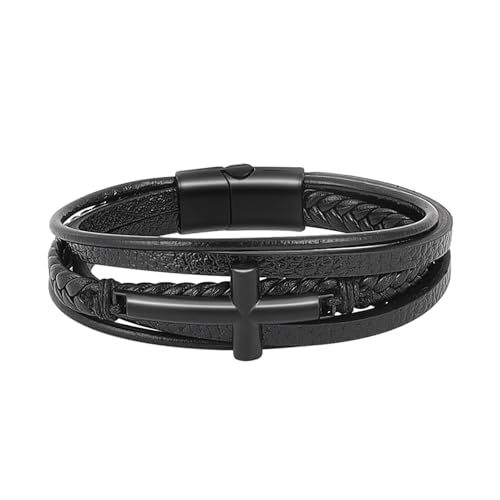 MILAKOO Herren Armband PU Lerder Armreif Kreuz Mehrschichtig Geflochten mit Silber Magnetverschluss Geschenk für Papa Sohn von MILAKOO
