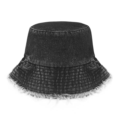 MILAKOO Hip Hop Schwarz Gewaschenen Denim Jeans Eimer Hut Fransen Hut Floppy Fischer Sonnenschutz Kappe von MILAKOO