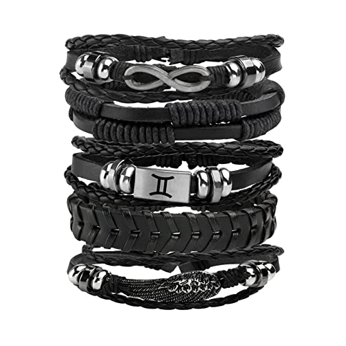 MILAKOO 5 Stück Geflochtene Lederarmbänder mit Gravur Einstellbar Manschette Armband für Männer Damen (Schwarz) von MILAKOO