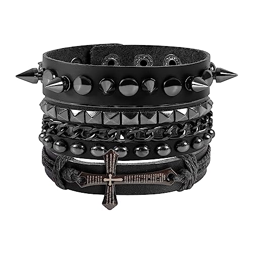 MILAKOO Kunstlederarmband für Herren schwarzer Kreuze Nieten Armbänder Männer punk rock Armband 3pcs von MILAKOO