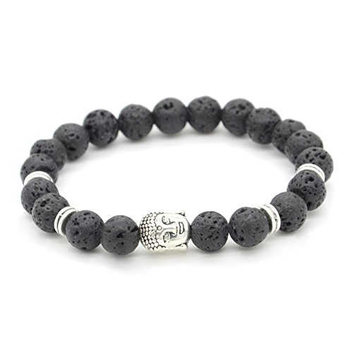 MILAKOO Lava Rock Armband mit versilbertem Buddha für Herren & Damen 8mm Perlen elastisches Armband von MILAKOO