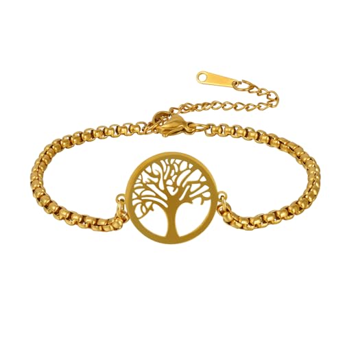 MILAKOO Lebensbaum Armband Damen Armreif Gold Bead Armbänder Baum des Lebens Armkette für Frauen (17 + 5cm Verstellbar) von MILAKOO