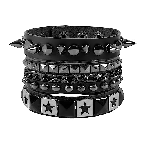 MILAKOO Lederarmband für Männer Sterne Nieten Armbänder Herren Gewebtes Armreifen schwarz 3pcs von MILAKOO