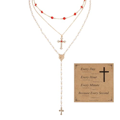 MILAKOO Mehrschichtig Rosenkranz Perlen Katholische Halskette für Frauen Männer Y Anhänger Kette mit Geschenkbox von MILAKOO