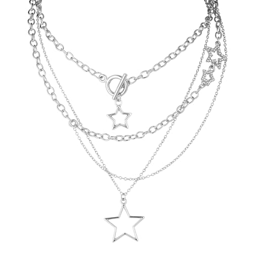 MILAKOO Multi-layered Chains Halskette für Frauen mit Stern Anhänger Dreifach Pentagramm Charms Y2K Unregelmäßige Halskette von MILAKOO