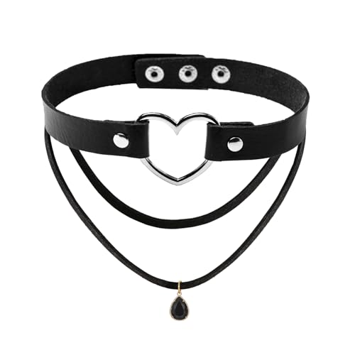 MILAKOO PU Herz Choker mit Doppelten Lagen Halskette Set Punk Gothic Choker mit schwarzem Kristall Anhänger von MILAKOO