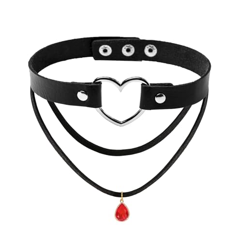 MILAKOO PU Herz Choker mit Doppelten Schichten Halskette Set Punk Gothic Choker mit Rotem Kristallanhänger von MILAKOO